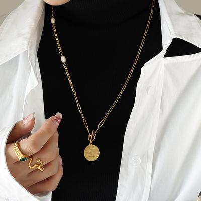 Wind Hip-Hop Fashion Long Necklace Geometric Design Sense Ot Buckle Pearl Round Brand Pendant Gold-Plated Sweater Chain
