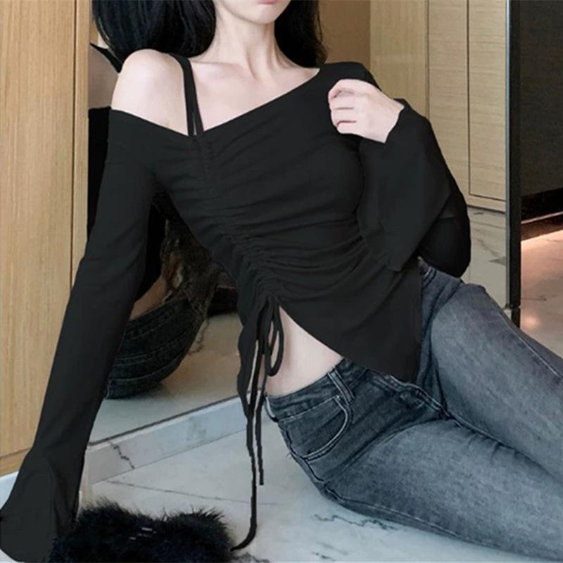 

Весенние и осенние женские сексуальные белые топы с открытыми плечами и завязками на ленте, женские базовые футболки с длинными рукавами, элегантные женские футболки с расклешенными рукавами S чёрный