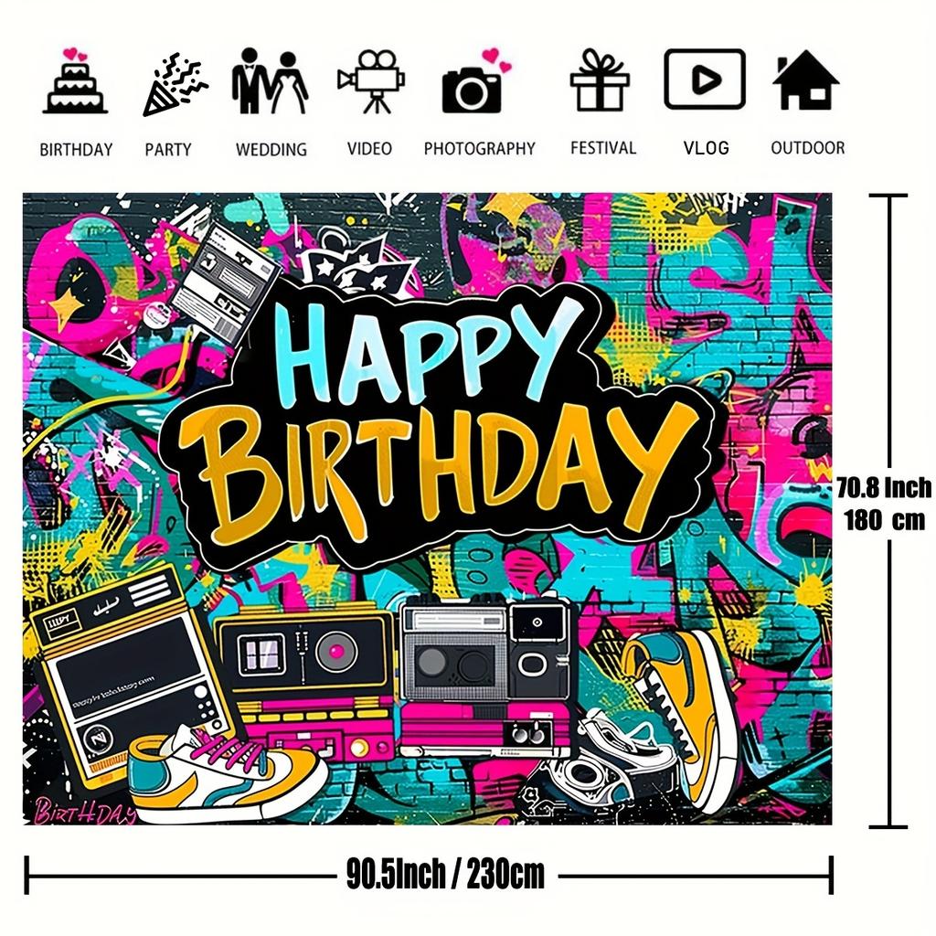 Retro Backdrop Banner - Vibrant Graffiti Design, Urban Retro Style, 80s 90s Theme, Birthday Party Cake Table Decoration