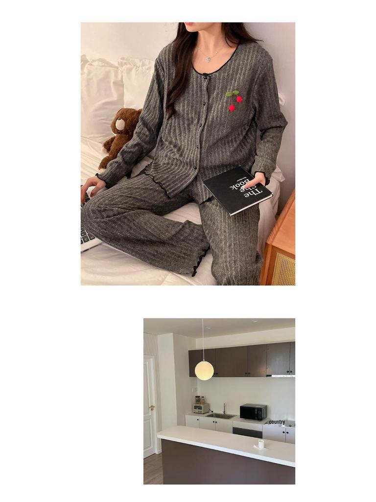 Cherry Cardigan Pajama Set: Women's Drawstring Fleece with Chest Pad - Korean-Style, Long Sleeve, Two-Piece Homewear.