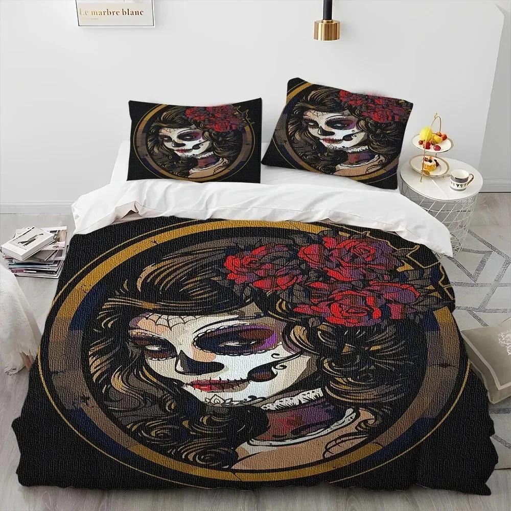 Hor Gothic Weiblich Totenkopf Totes Mädchen Bettwäsche Set 3D Gedruckt Geeignet für Schlafzimmer Weich mit Weichem Stoff Bettbezug Set Mit Kissenbezügen Heimtextilien