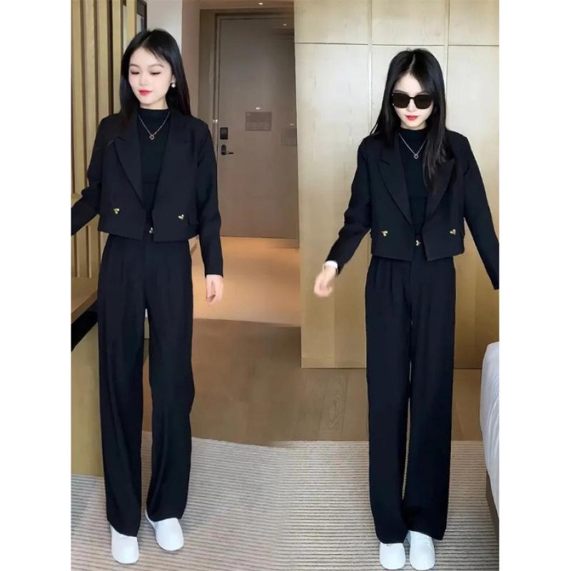 

Women s Petite Black Blazer & Casual Pants Set - Stylish Spring/Autumn Two-Piece Trendy Outfit 2XL чорний
