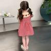 Mädchen Freizeitkleid Erdbeer-Häkelkragen Karomuster Flatterärmelkleid Niedliche Outfits Mädchen Vestidos