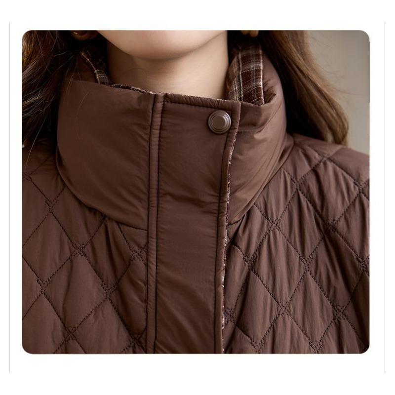 Fashionable Loose Fit Autumn Winter Stand Collar Diamond Grid Thin Cotton Coat, Middle-aged and Elderly Cotton Jacket