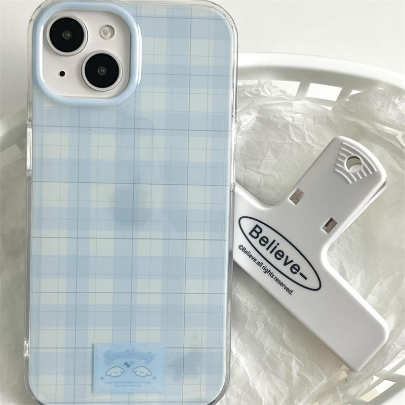 INS Korean Lovely Blue Check Phone Case For iPhone 16 15 14 13 12 11 Pro Max 16E 7 8 Plus X XR XS Max SE Shockproof Back Cover