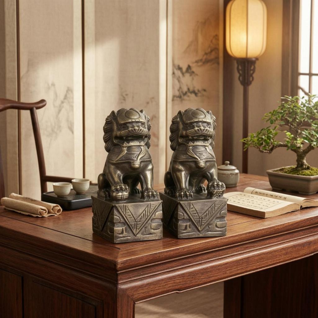 Lion Sculptures with Pedestal Antique Protector Statues ChineseStyle Sculpture for Collectors,