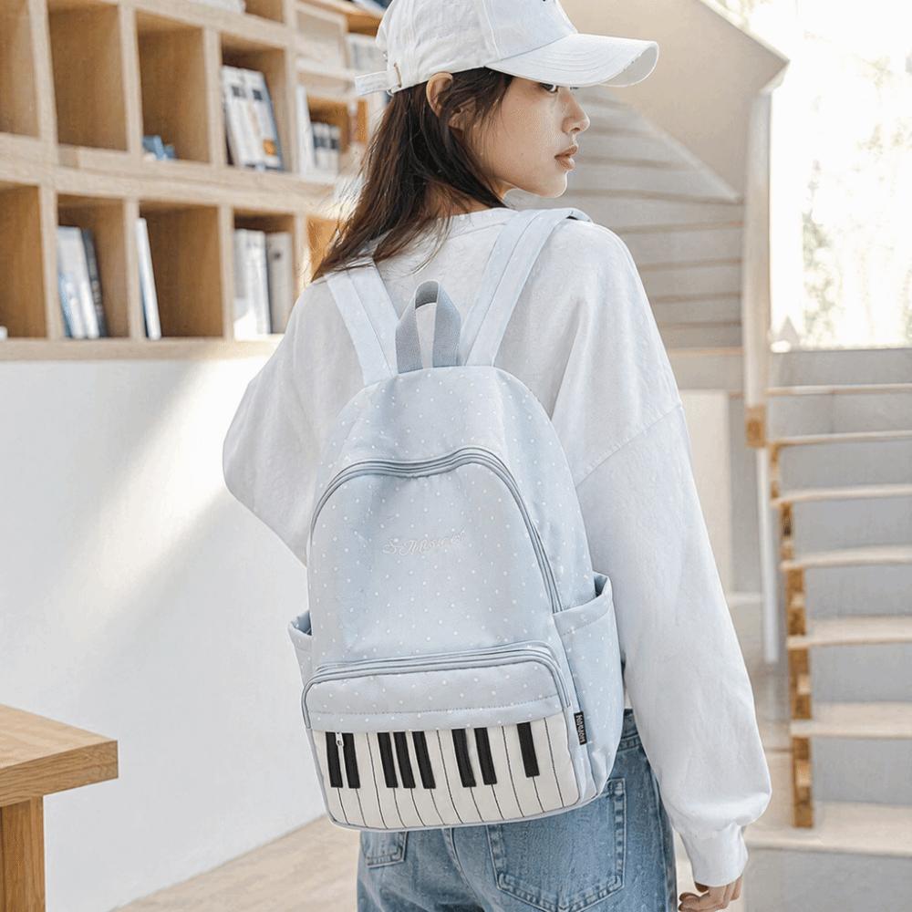 Sac d'école préppy grande capacité Sac à dos en nylon avec motif touches de piano Sac à dos à pois Shopping