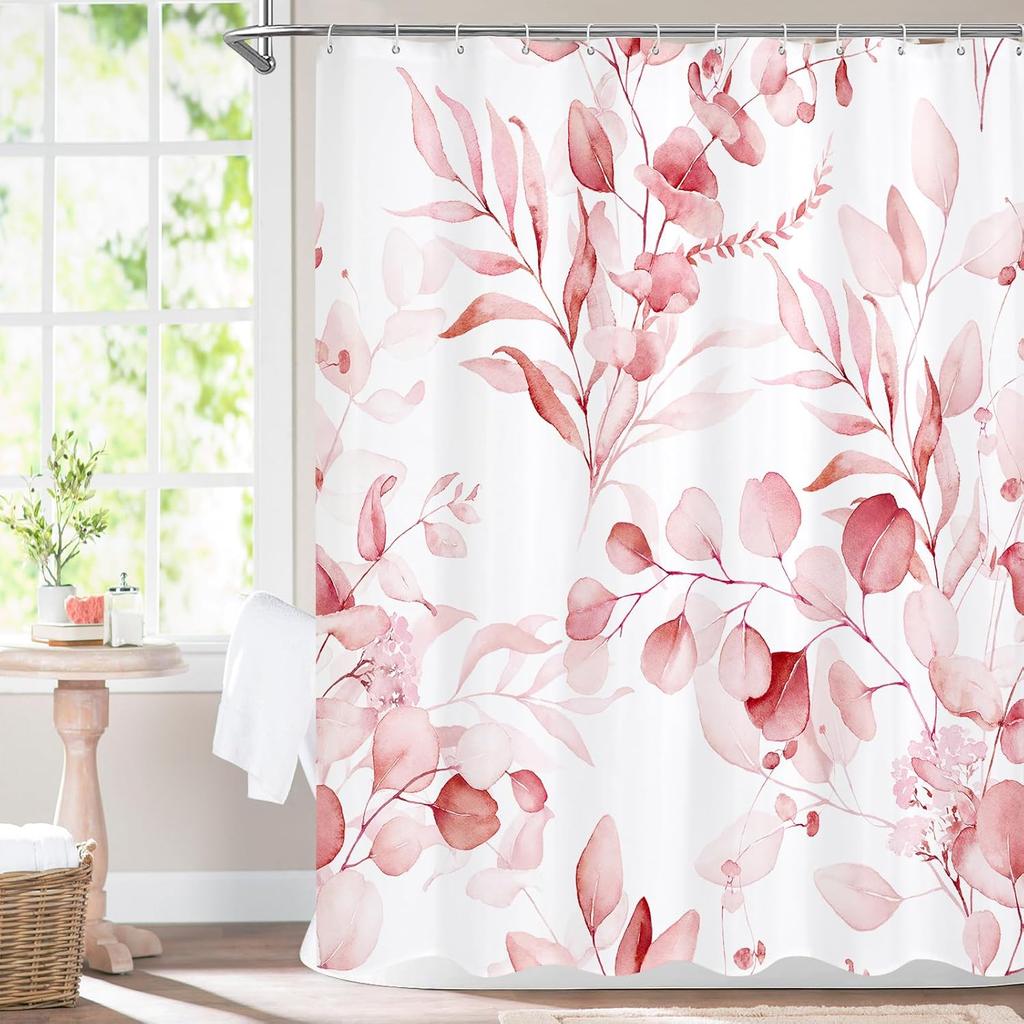 Pink Spring Floral Shower Curtain, Watercolor Eucalyptus & Botanical Plants, Modern Chic Bathroom Decor With Hooks