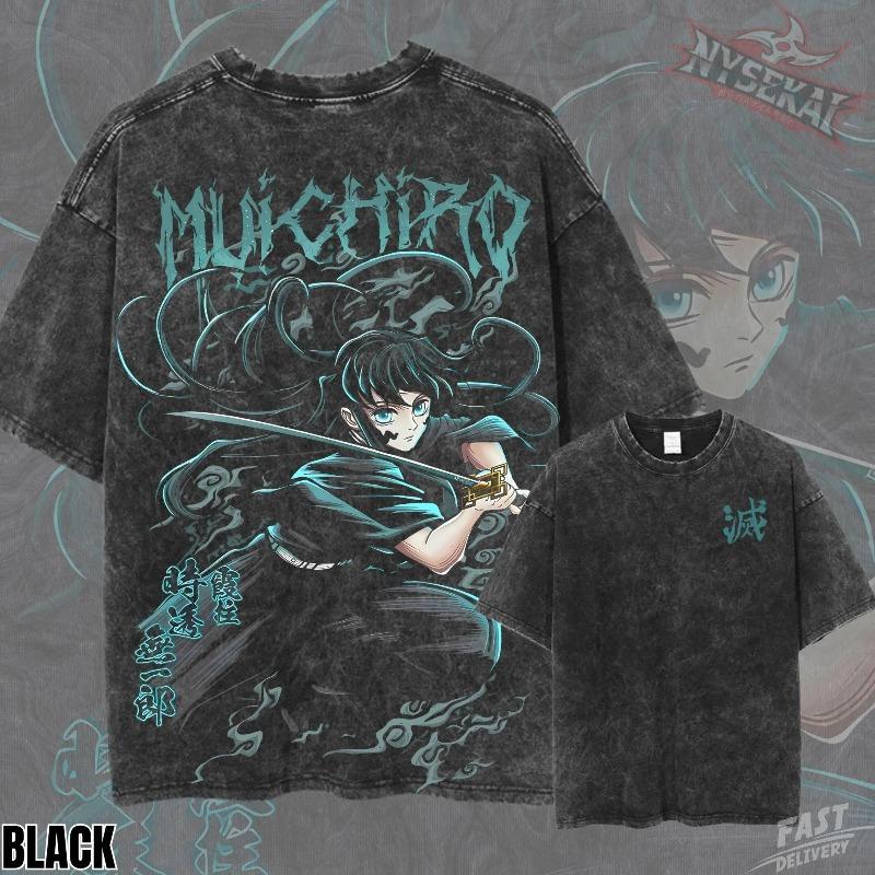 The Mist Hashira Muichiro Tokito Heavyweight Vintage Wash Graphic Tee Summer Unisex Loose and Breathable Cotton T-shirt Top