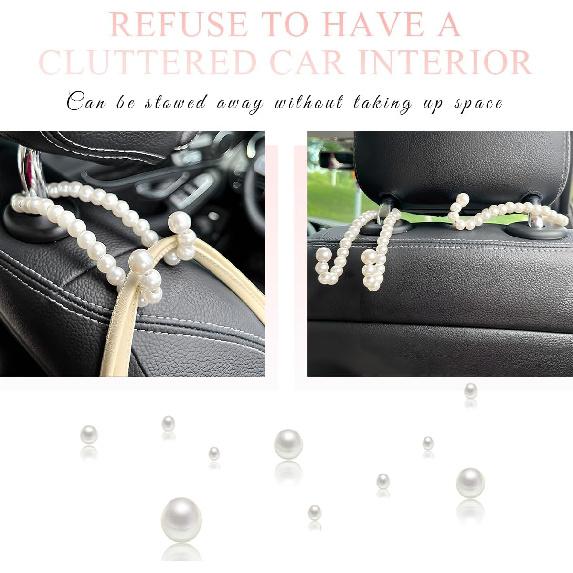 2 PCS Elegant Pearl Car Seat Headrest Hook, Cute Car Seat Hook Hanger Storage Organizer For Handbag Purse, Interior Decoration Headrest Hanger For
