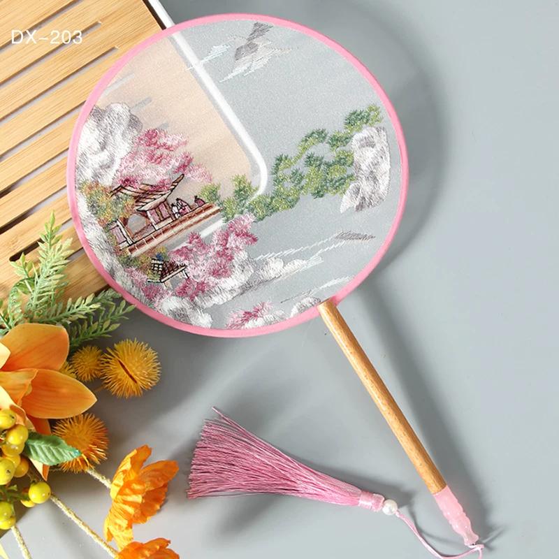 Antique Embroidery Circular Fan Chinese Style Cheongsam Fan Women's Double-Sided Embroidered Transparent round Long Handle Ancient Chinese Clothing