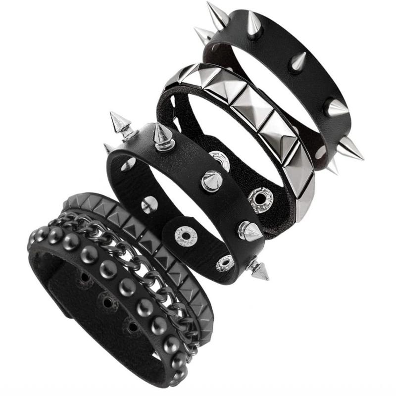 1Pc/4pcs Fashion Multi-layer Wide Leather Bracelet Punk Domineering Rivet Five-pointed Star Wrist Strap Personalized Bracelet