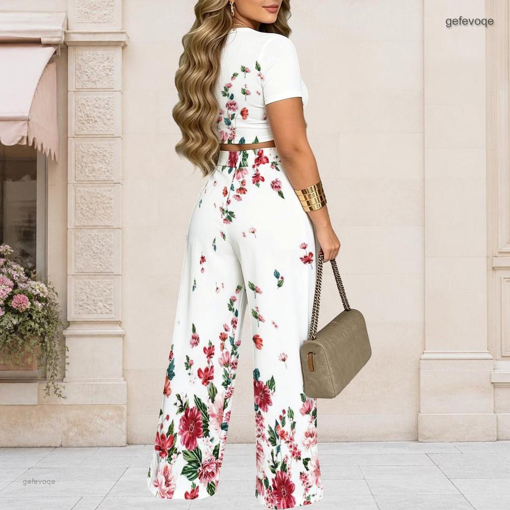 Dames Grote Maten Geometrisch Bedrukte Ronde Hals Korte Mouwen Cropped Top Wijde Pijpen Broek Tweedeelig Pak