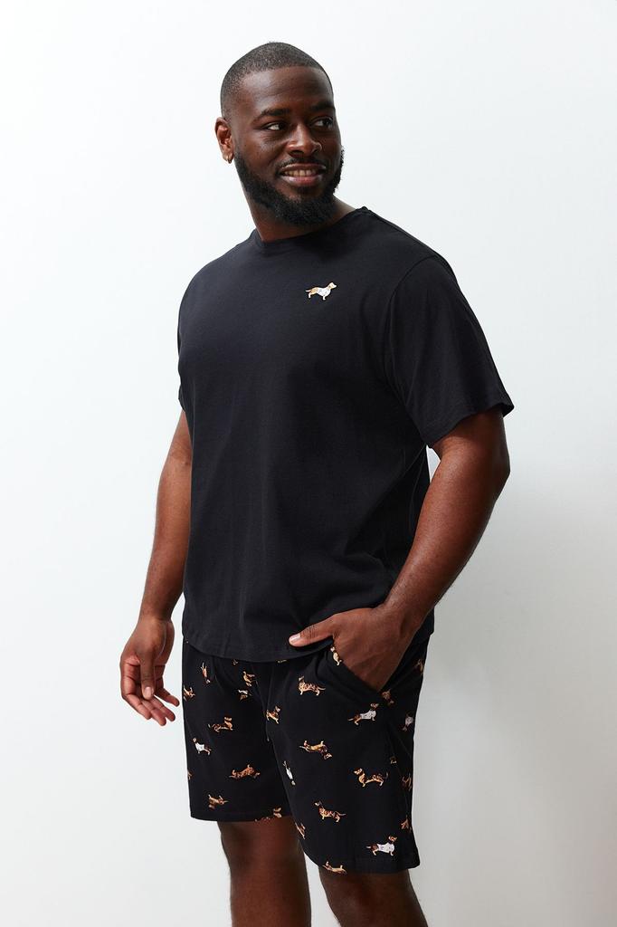 Herrenstil Übergröße Schwarz Bedruckter Übergröße Pyjama-Set mit Strickshorts