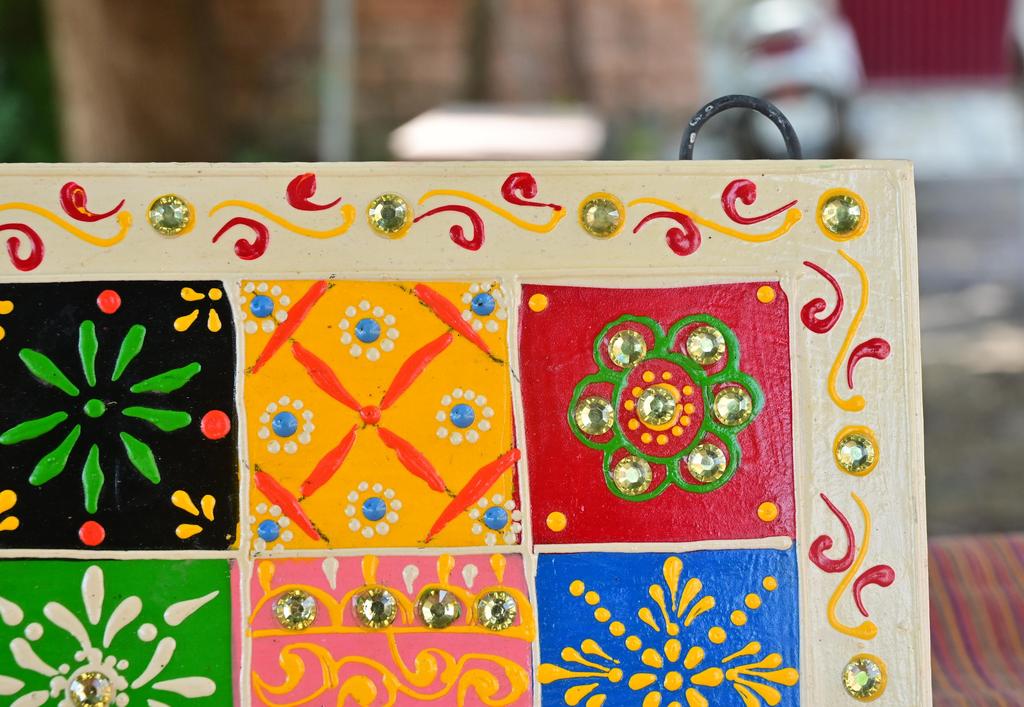 Hand Painted Indian Folk Art Panel with Mirror: Ethnic Wall Decor