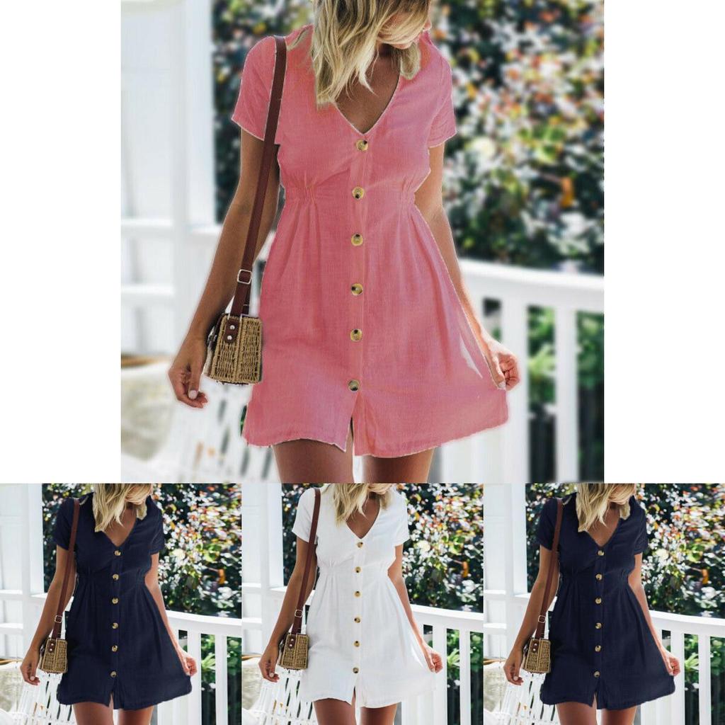 Stylish Women Button Down V Neck Mini Tea Dress In Soft Comfortable Fabric Perfect For Summer Days
