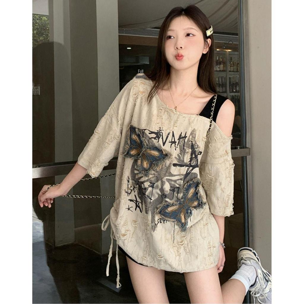 2025 Summer Chic Butterfly Off-Shoulder Women's Distressed Short Sleeve T-Shirt