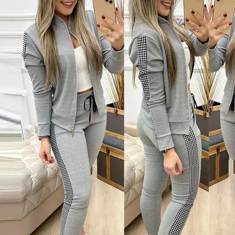 

Женская Мода Повседневный Весенний Осенний Клетчатый Принт Лонгслив Брюки Костюмы S серый