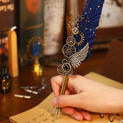 Stylo plume vintage avec ailes mécaniques et support - Écrivez avec style