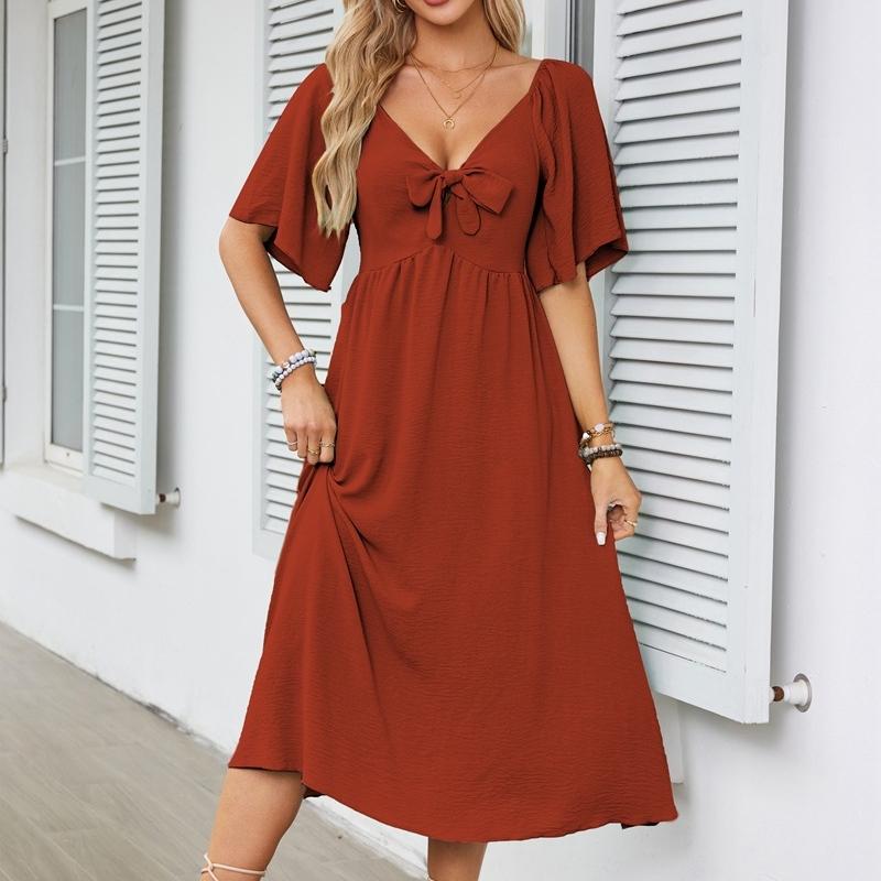 

IHUASU Лето-весна однотонное принт с бантом и v-образным вырезом плиссированное платье средней длины с короткими рукавами и высокой талией XXL кирпич красный