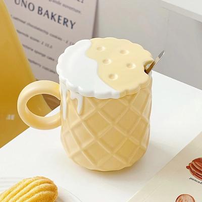1pc 400ML Biscuit Pattern Coffee Mug With Lid And Spoon Ceramic Coffee Cups Cute Kawaii Water Cup Summer Winter Drinkware Gifts