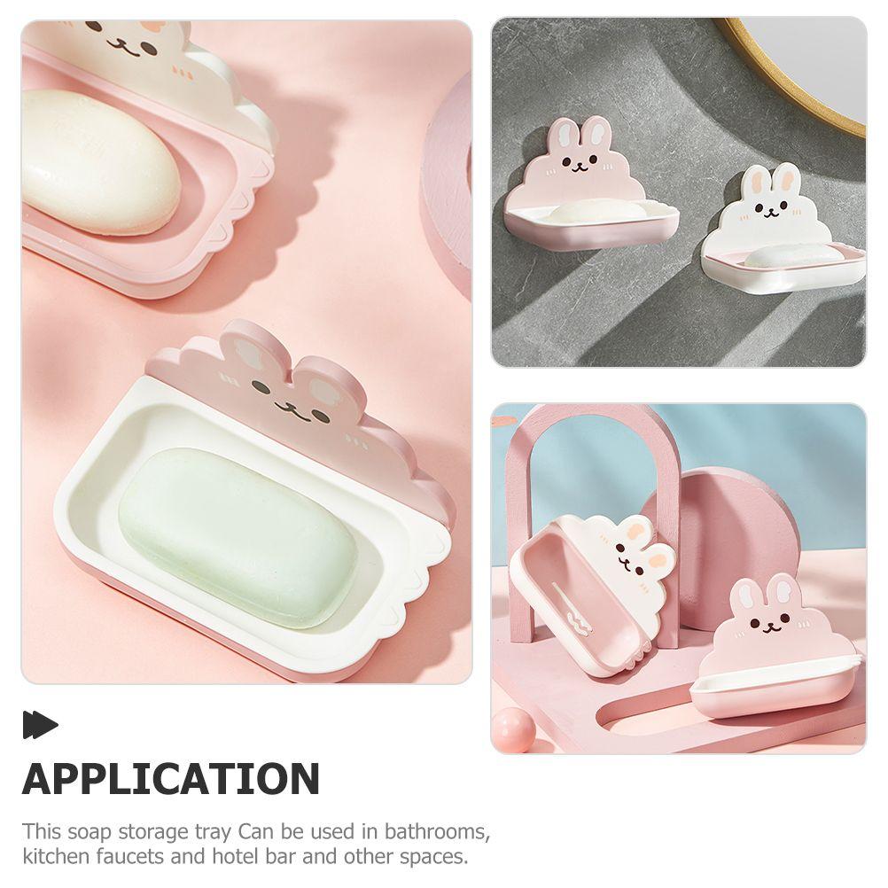 2 Pcs Cartoon Rabbit Soap Dish Draining Holder Pink White Wall Mount Bathroom Kitchen Non slip Smooth Edge Storage Tray