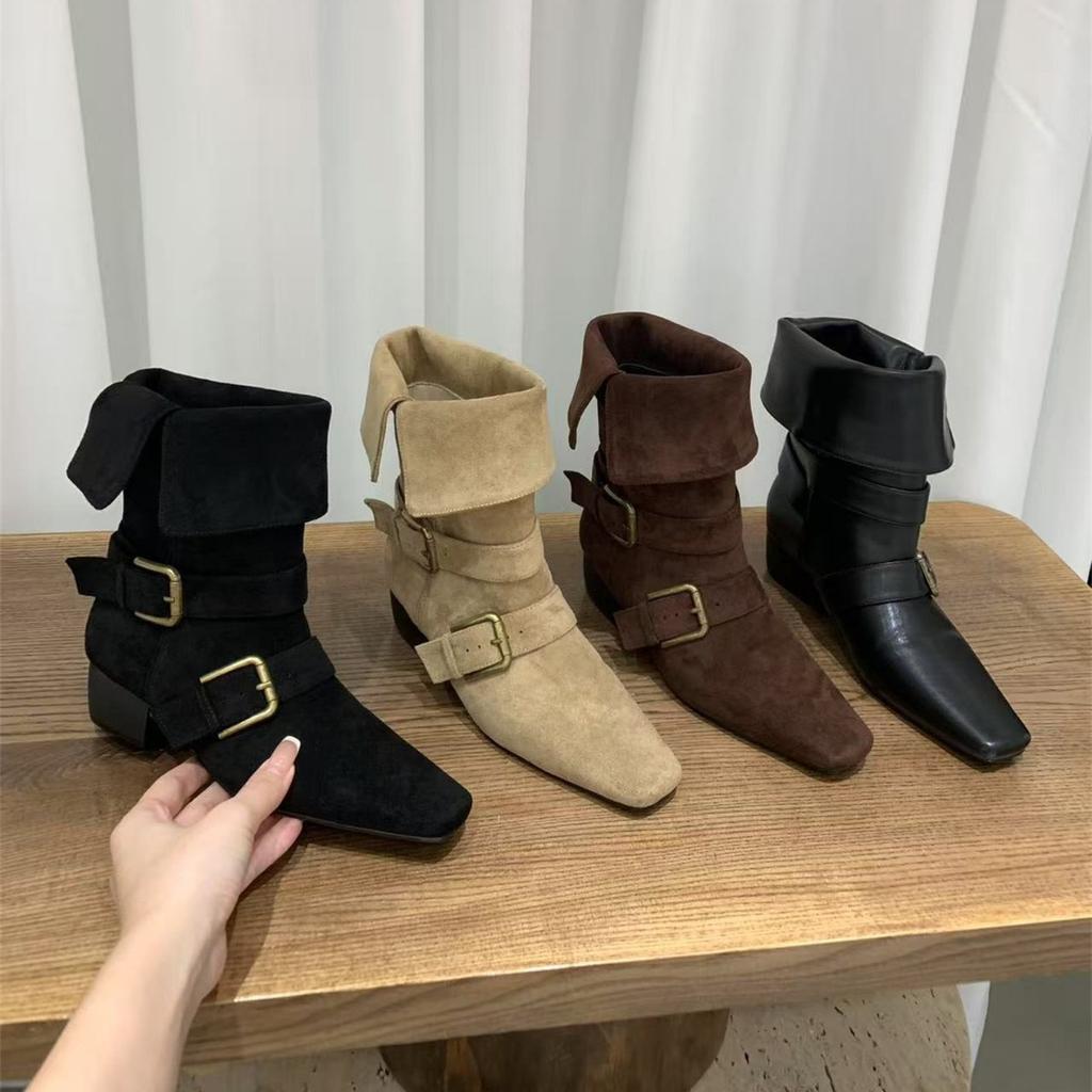 Thick heel retro suede western cowboy boots short boots women's boots 2025 new spring and autumn single boots square Martin boots