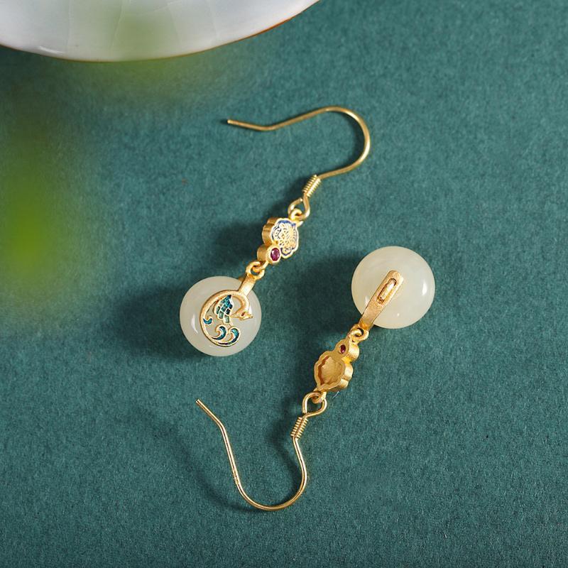 Ancient Gold Craft Natural Hetian Jade Round Earings for Women New In Court Style Phoenix Dance Eardrop Wedding Jewelry