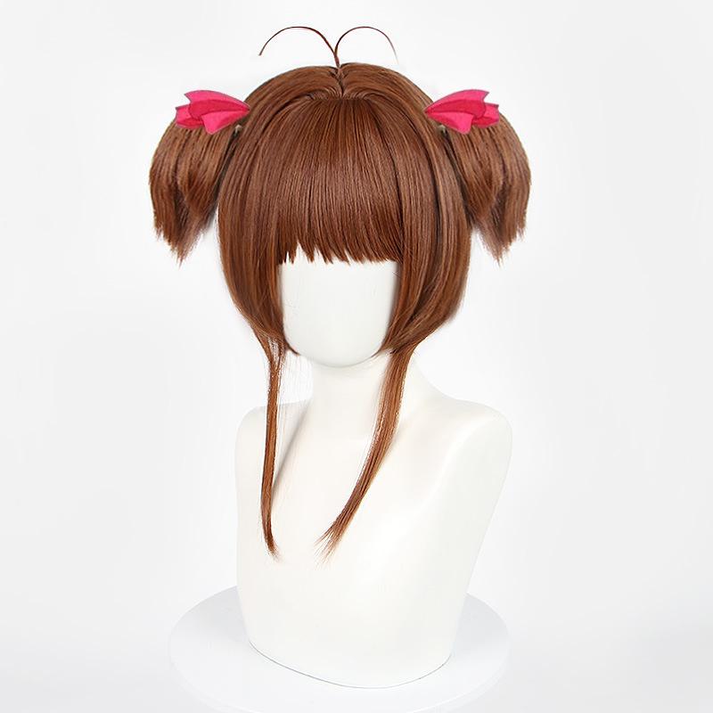 Anime Card Captors Sakura Cosplay Wigs Sakura Kinomoto Wig Heat Resistant Synthetic Hair Halloween Party Wigs +WigCap + Hairband