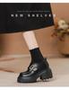 Women's Black Velcro Slip-on Height-Increasing Oxford Loafers, Thick Sole, Autumn 2025.