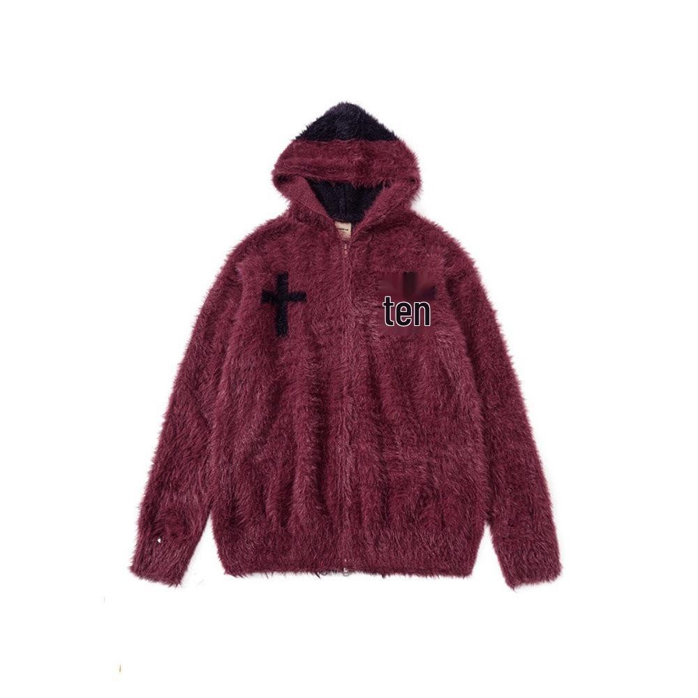 Men s Retro Heavyweight Fluffy Knit Hooded Cardigan Sweater 2XL красный