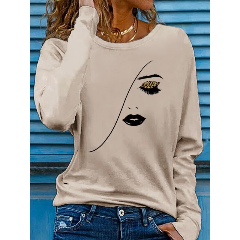 Women's Spring and Autumn Casual Long Sleeve Portrait Printed Round Neck T-shirt Loose Large Short Sleeve T-shirt