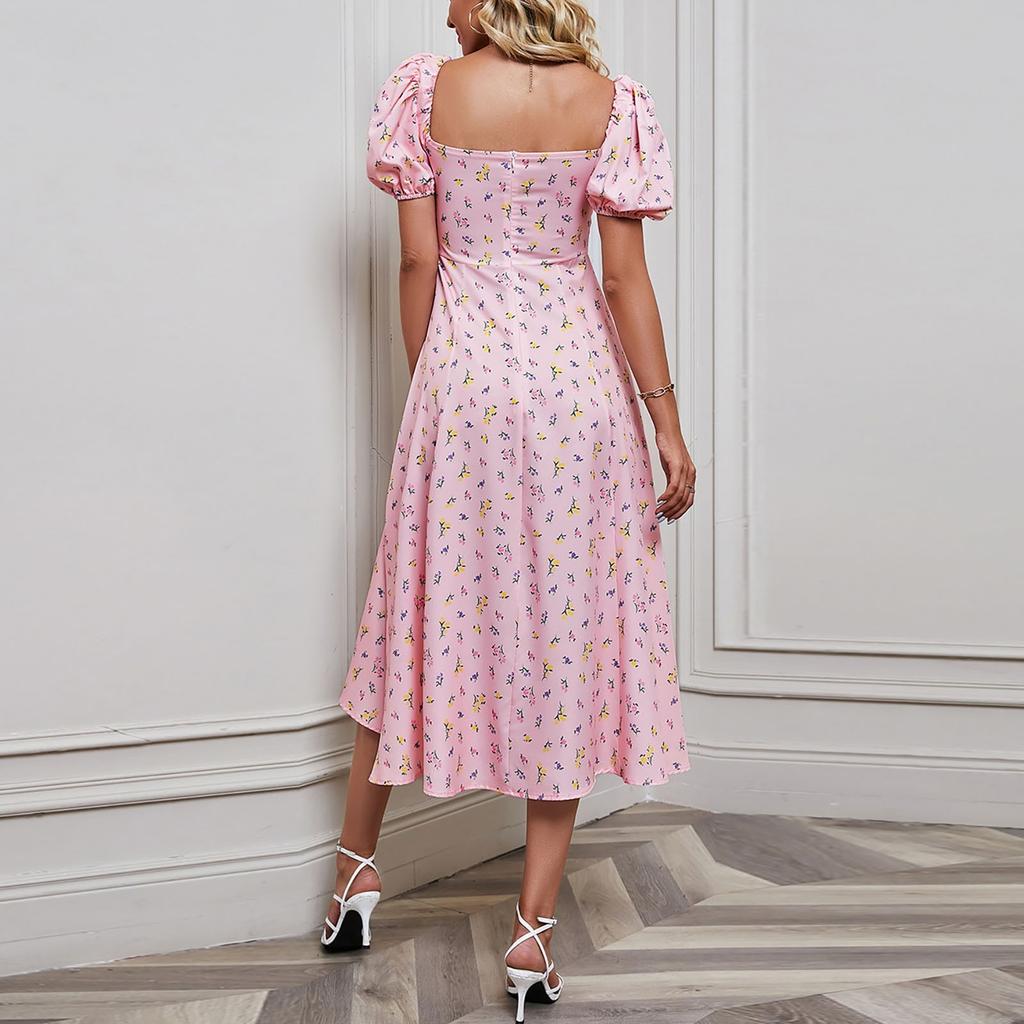 Women's Fashion Casual Sexy Printed Bubble Short-Sleeved Smocked Hem Split Dress