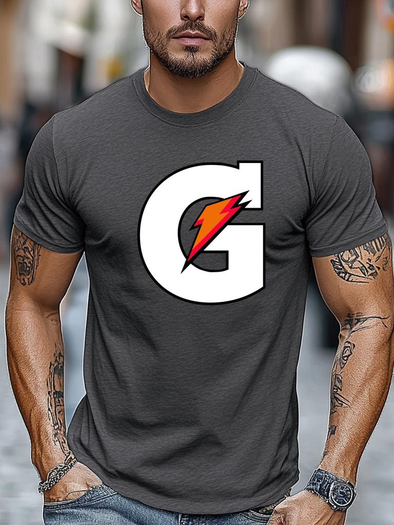 Mens Summer Sport TShirt Letter G Lightning Print Short Sleeve Round Neck Breathable Oversized Dynamic Daily Wear