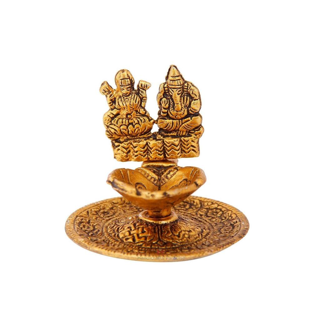 Lakshmi Ganesh Hand Diya In Metal Antique Gold Plated by Handicrafts Paradise
