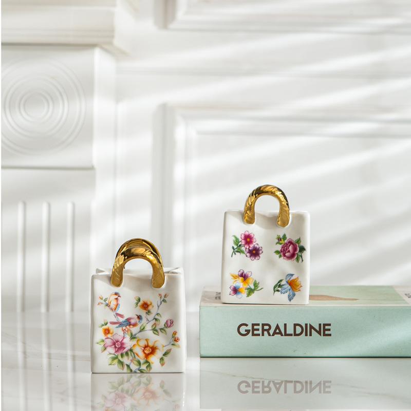 CeramicTote Bag Desktop Storage Container Pen Holder Makeup Brush Diningware Storage Box Retro Floral Handbag Home Decoration