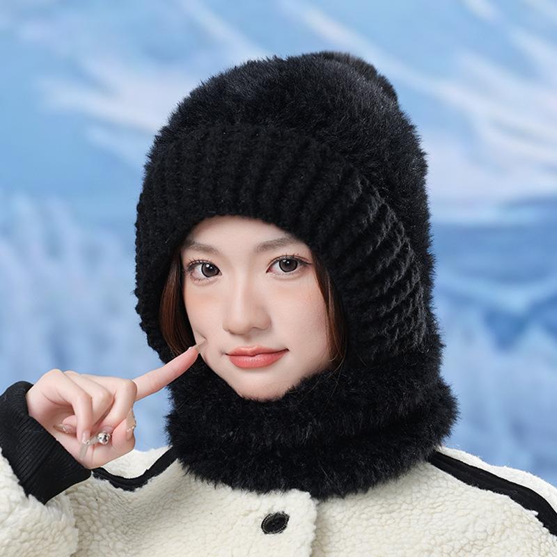 Thickened plush knitted warm hat, scarf, integrated cycling ear protection pullover hat, Northeast ski cold-proof one-piece hat