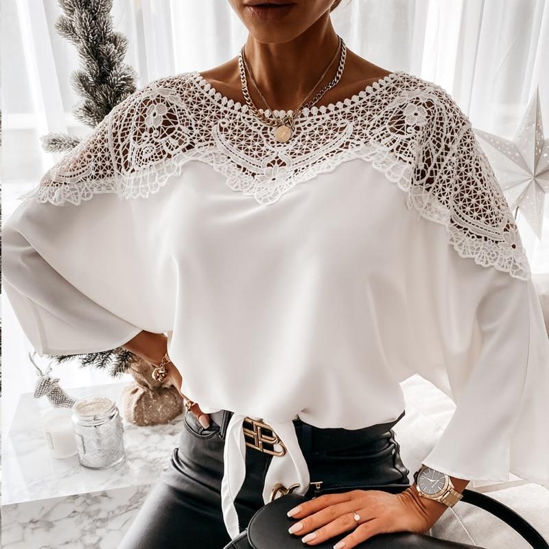 Crochet Embroidery Lace Blouses Women Autumn Sexy Lace Stitching White Shirts Vintage Plus Size Ladies Tops Blusas 12459