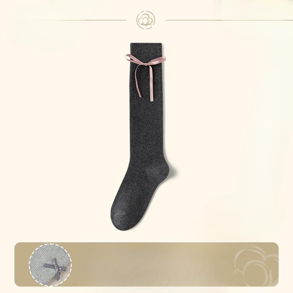 Ladies Spring and Summer Solid Color Sweet Tie Bow Calf Socks