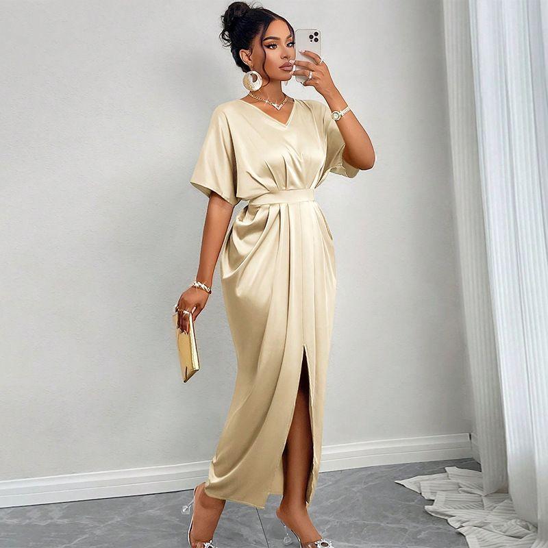 

European and American Women clothes 2025 Spring New Women Temperament Elegant V-neck Short sleeve High Waist One-Step Split Jumpsuit Long dress Khaki XL