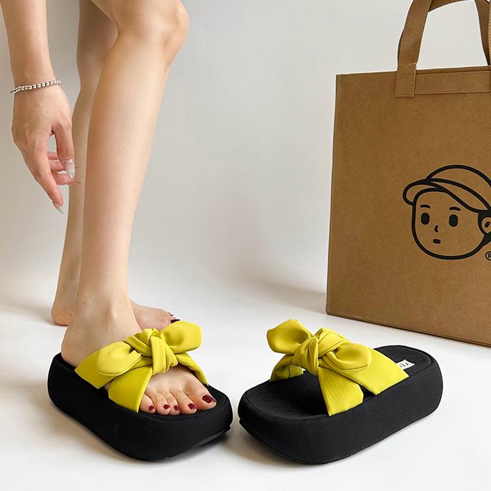 

Beautiful bow-tie thick-soled one-word slippers women s new summer wear beach open-toed cold slippers 35 жовто-зелений