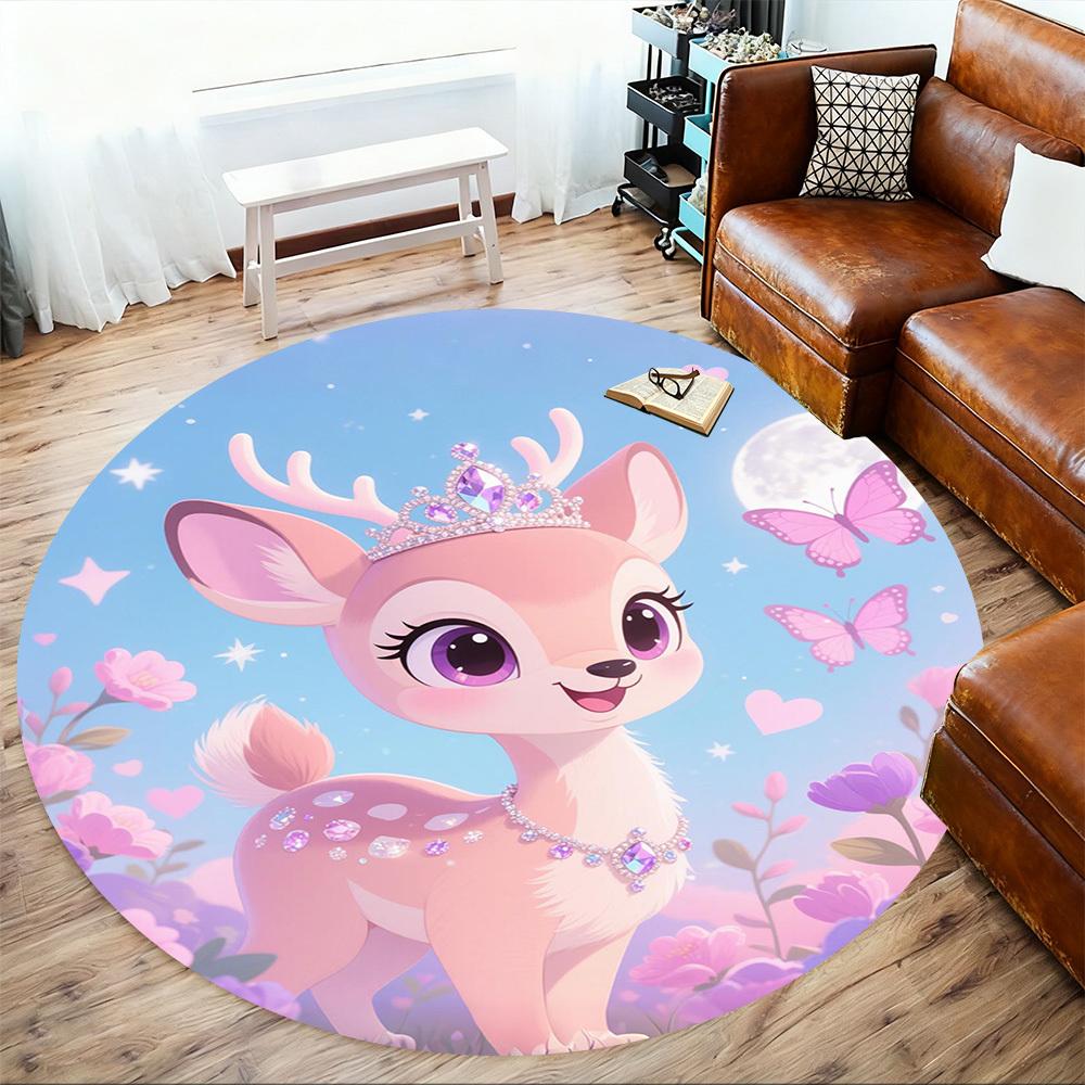 1PC Deer Princess Flowers Round Chair mat Area Rug - Non-Slip, Floor Mat for Office, Bedroom, home decor Christmas Gift c0528003