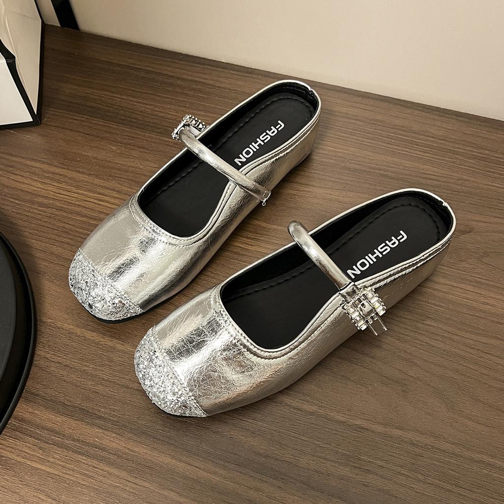 Silver inner heightening bag head half slippers women's summer outer wear 2025 new models with skirts Mary Jane gentle sandals single shoes