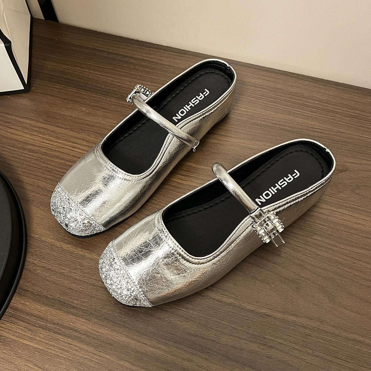 

Silver inner heightening bag head half slippers women s summer outer wear 2025 new models with skirts Mary Jane gentle sandals single shoes 35 серебряный