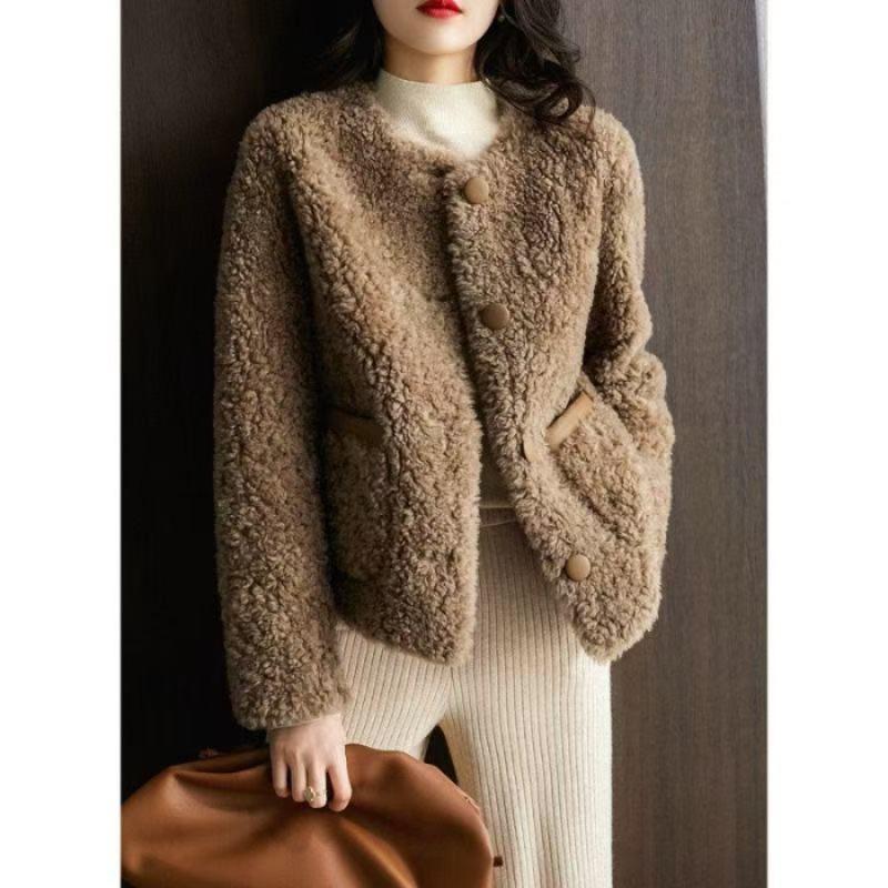Autumn and Winter New Lamb Wool Sheep Shearing Fur Short Collar Simple Integrated Fur Coat Women
