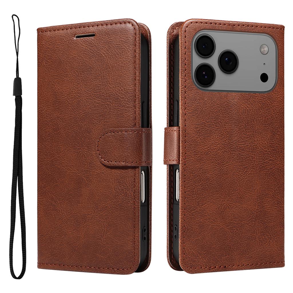 For iPhone 17 Pro Max Leather Wallet Case with Strap Solid Color Phone Stand Cover