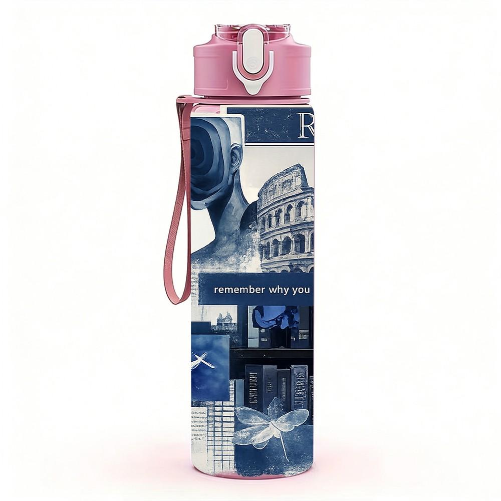 1PC Blue Tone Vintage City Collage Print 750ml Color Plastic Sports Water Bottle Leakproof Flip Straw Lid Suitable for Sports Office Home Use