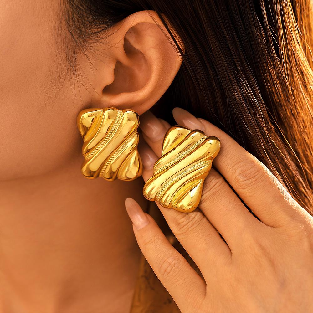 Qiong Yao Geometric Ribbed Stud Earrings, Gold-Plated Stainless Steel, Hypoallergenic Fashionable Jewelry