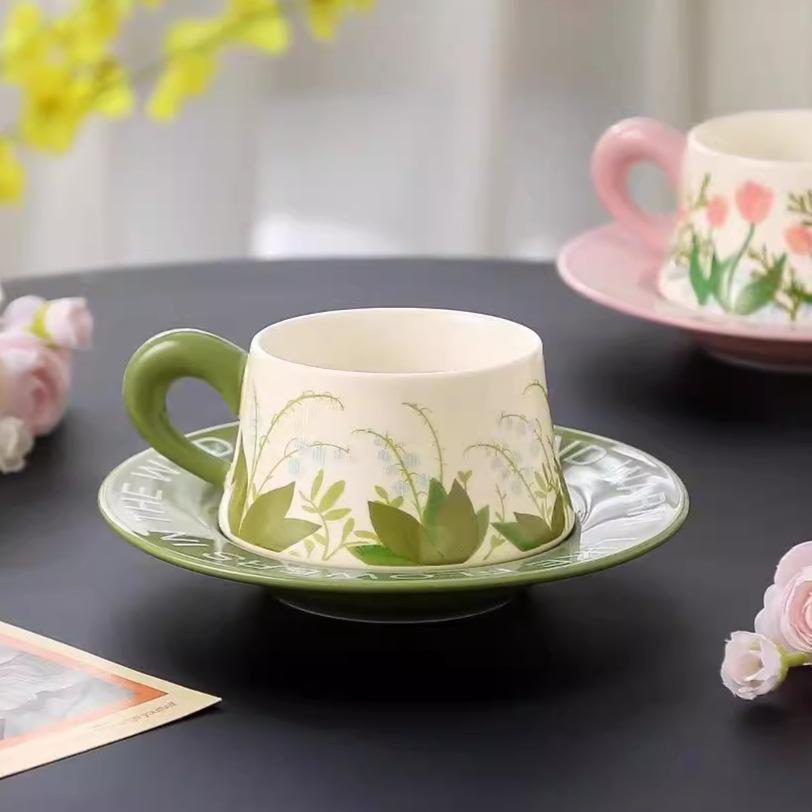 Pastoral Style Ceramic Coffee Cup Saucer Set Internet Celebrity Afternoon Tea Cup Dessert Combination High End Feeling Fresh Literary Romantic
