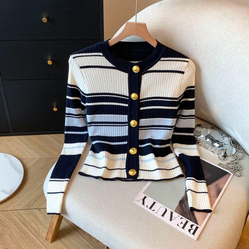 Self-Retained Recommend ~ Stripe Single-Breasted Long Sleeve Knit Cardigan Women Autumn New Versatile Small Sling Two-piece Set